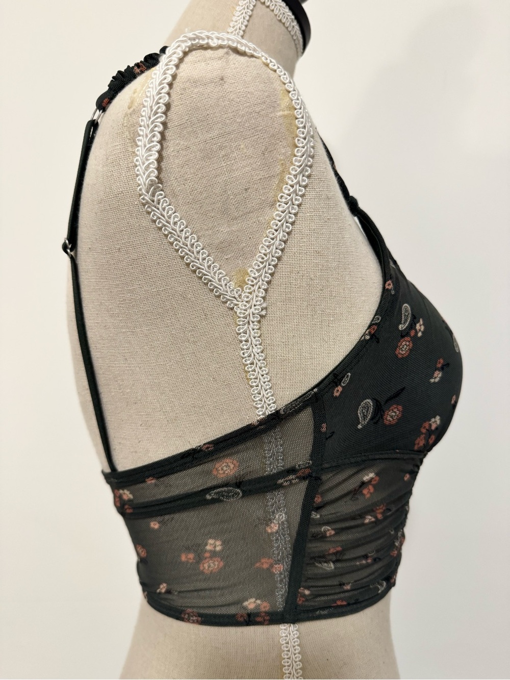 aerie Dark Green Floral Paisley Ruched Crop Tank Bralette XS - Picture 2 of 8